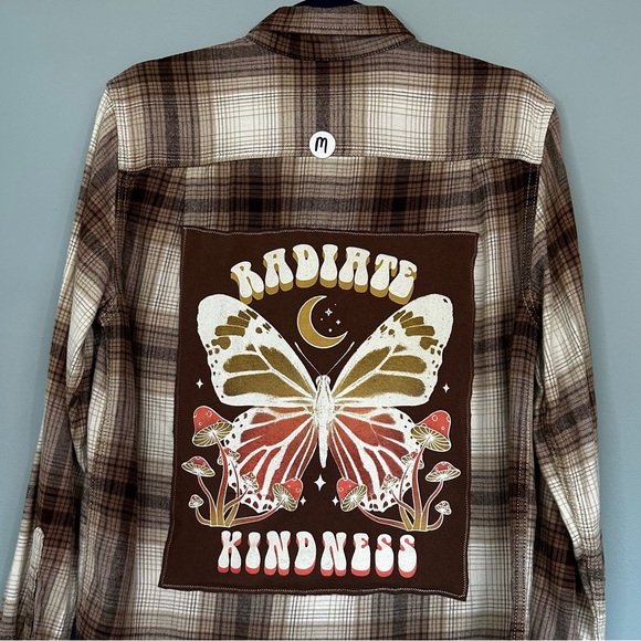 Handmade Tops - Radiate Kindness Butterfly Graphic Plaid Flannel Shirt Medium